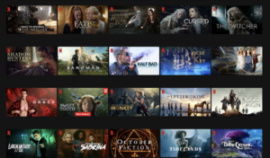 A screen capture of a Netflix homepage populated by recent fantasy TV series, including The Sandman, The Witcher, Legends of Monkey, and Shadow and Bone