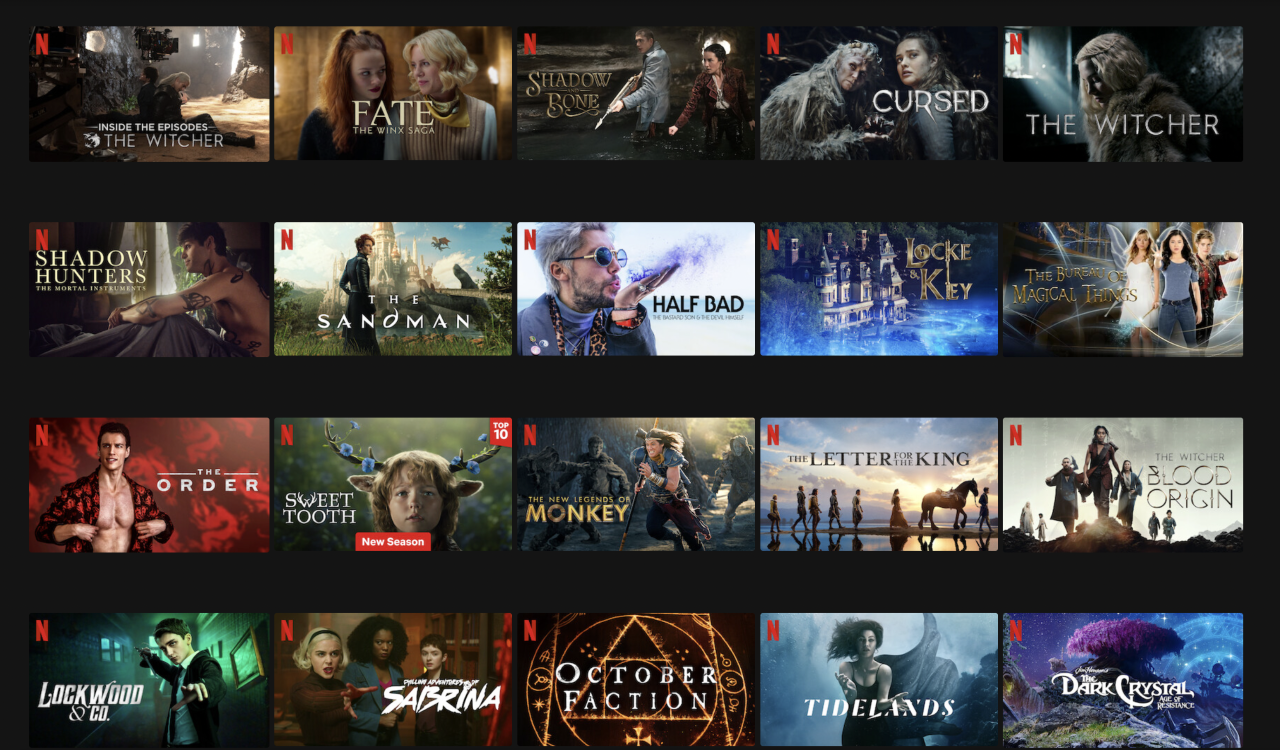 A screen capture of a Netflix homepage populated by recent fantasy TV series, including The Sandman, The Witcher, Legends of Monkey, and Shadow and Bone