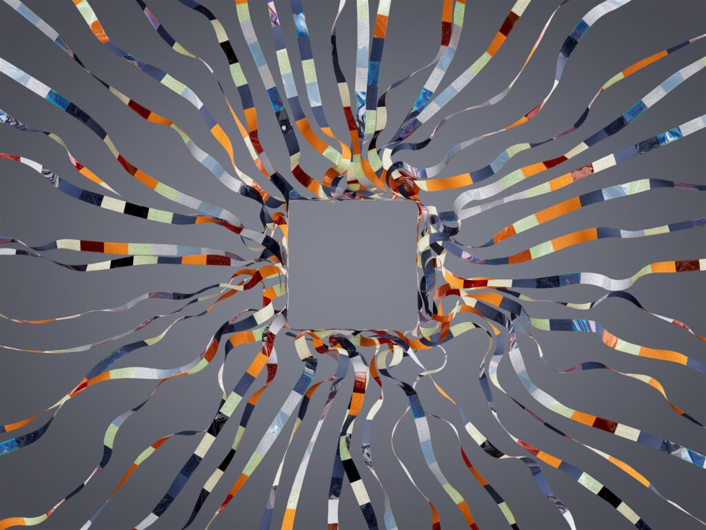 Image of different coloured strings in orange, white, blue and navy, winding from beyond the frame into the centre to form an outline of a square